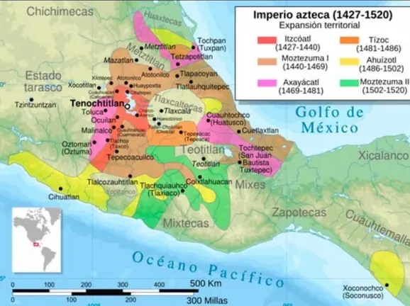 Un mapa del Imperio Azteca mostrando los pueblos sometidos y sus territorios