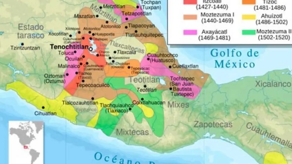 Un mapa del Imperio Azteca mostrando los pueblos sometidos y sus territorios